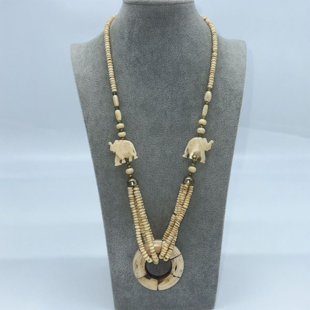 266. Vintage Tribal Elephant Carved Bone Necklace Statement Jewelry